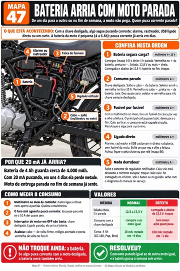 Bateria arria com a moto parada