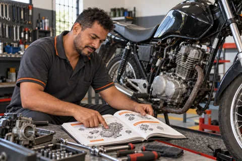 Cena ilustrativa: mecânico de motos consultando os mapas